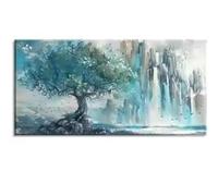 XINBAO Pintura de arte de pared con montañas y árboles de color turquesa, lienzo, decoración del hogar, póster impreso para dormitorio, imagen de 50 x 100 cm con marco