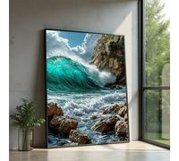 XINBAO Pintura de olas turquesas rompiendo en la costa rocosa, arte mural de playa costera, impresión de olas oceánicas, lienzo decorativo de paisaje marino (40 x 60 cm/marco interior)