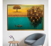 XINBAO Pintura surrealista de vista dividida en lienzo de un campo dorado y un pueblo sumergido. Póster de fantasía único (50 x 70 cm/sin marco).