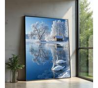 XINBAO Pósteres de paisajes invernales junto al lago, árboles nevados y cabañas, cisnes en agua helada, lienzo decorativo de paisaje natural (21 x 30 cm/marco interior)
