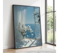 XINBAO Vista al mar con rosas blancas, lienzo de ventana abierta, decoración floral costera, paisaje marino, pintura con luz solar (50 x 70 cm/marco interior)