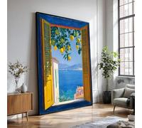 XINBAO Vista de un limonero mediterráneo desde una ventana con vistas al mar azul y a un pueblo costero. Póster, pintura, lienzo, arte de pared (80 x 110 cm/marco interior).