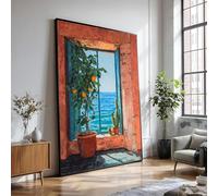 XINBAO Vista mediterránea desde una ventana con naranjos, cactus en macetas y un mar turquesa sereno e infinito. Impresión en lienzo para pared (80 x 110 cm/sin marco).
