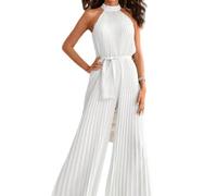 XinCDD Elegante sin Mangas Halter Mono Plisado Encaje hasta Pierna Ancha Suelta Casual Monos Largos cóctel Fiesta de Noche (L, Blanco)