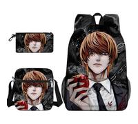 Xinchangda Light Yagami - Mochila de 3 piezas con estuche para lápices, bolsa cruzada, mochila Misa Amane con estampado de dibujos animados de anime, mochila Ryuuku, mochila escolar impermeable de
