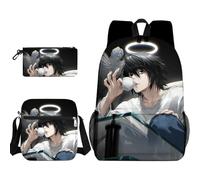 Xinchangda Light Yagami - Mochila de 3 piezas con estuche para lápices, bolsa cruzada, mochila Misa Amane con estampado de dibujos animados de anime, mochila Ryuuku, mochila escolar impermeable de