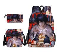 Xinchangda Light Yagami - Mochila de 3 piezas con estuche para lápices, bolsa cruzada, mochila Misa Amane con estampado de dibujos animados de anime, mochila Ryuuku, mochila escolar impermeable de