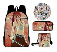 Xinchangda Mochila de cola de hada, mochila escolar de anime Natsu Dragneel/Erza Scarlet, mochila escolar para estudiantes de anime + estuche + bolsa de hombro + 50 calcomanías, tipo 11, 30*13*40cm