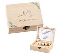 XineYuor 1 juego de confirmación de dinero de caja de madera con decoración: hojas de eucalipto, palomas, tarjeta de felicitación, tarjeta de madera, tubo de ensayo y hierba de rafia, regalo de dinero