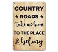 XingFox Letrero de metal con frase divertida de granja para decoración de pared, estilo retro Country Roads Take Me Home to The Place and Belong para decoración del hogar, 8 x 12 pulgadas