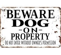 XingFox Letrero de metal Cuidado con el perro en la propiedad, para pared, interior o exterior, No entrar sin permiso del propietario, divertido letrero de advertencia para el patio, 20 x 30 cm