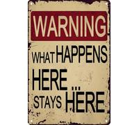 XingFox Letrero de metal retro divertido que advierte: «Lo que pasa aquí se queda aquí». Decoración de baño, póster de pared vintage para sala de estar, decoración del hogar, 20 x 30 cm.