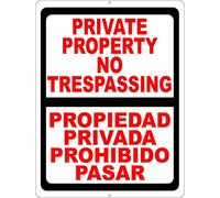 XingFox Letrero metálico bilingüe de Prohibido el paso a propiedad privada. Señales de seguridad en inglés y español para exteriores e interiores, 8 x 12 pulgadas.