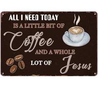 XingFox Letrero metálico vintage de café para cocina: Solo necesito un poco de café y mucho Jesús (20 x 30 cm)
