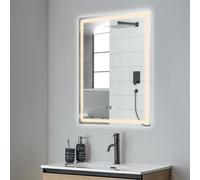 Xingfx Espejo de baño LED de 50 x 70 cm con reloj y indicador de temperatura, regulable, antivaho, IP54, interruptor táctil, función de memoria, espejo de pared para baño con luz y protección contra