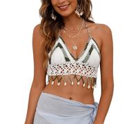 XINGLIDA Mujeres Crochet Cuello Crop Tops de punto Bikinis Top Borlas Hecho a Mano Borlas Ajustable Trasero Corbata