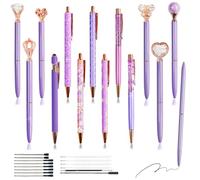 XingyLi Juego de 28 bolígrafos morados con diamantes de cristal, 14 bolígrafos retráctiles con coronas metálicas brillantes y 14 minas de tinta negra, bonitos bolígrafos en forma de arena líquida
