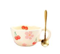 XinHuiGY Bonita taza de café de cerámica para té, Kawaii Flores taza hecha a mano, taza creativa Rosa con cuchara, 250ml Cerezas tazas estéticas para leche, capuchino y cacao (Rosa)