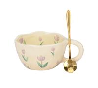 XinHuiGY Bonita taza de café de cerámica para té, Kawaii Flores taza hecha a mano, taza creativa Rosa con cuchara, 250ml Cerezas tazas estéticas para leche, capuchino y cacao (Morado)