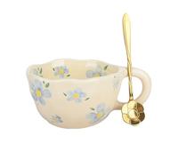 XinHuiGY Bonita taza de café de cerámica para té, Kawaii Flores taza hecha a mano, taza creativa Rosa con cuchara, 250ml Cerezas tazas estéticas para leche, capuchino y cacao (Azul)