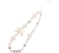 Xinjincang Lindo cordón blanco con dije para teléfono, correa de muñeca con lazo con cuentas de perlas con cadena antipérdida, colgante decorativo para teléfonos celulares, cámaras y accesorios de
