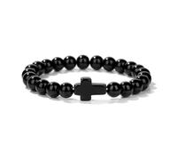 XINLIANYI 1 pulsera de piedra natural con cruz de 8 mm, ónix negro de cristal, cuarzo, ágatas, pulseras elásticas para mujeres y hombres, pulsera de yoga, 21cm, Acero inoxidable, Circonia cúbica