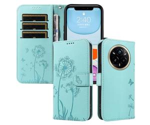 XINNI Funda para Realme 14 Pro Plus, Mariposa Diente de León Relieve Cuero PU Billetera Cubierta, Verde