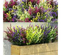 Xinnun 24 Paquetes de Plantas Artificiales Exteriores Flores de Imitación de Exterior Resistentes a Rayos UV Lavanda Margarita Peonía Falsa Vegetación para Porche Jardín Primavera (Estilo Lavanda)