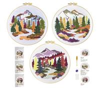 Xinpinzhou 3pcs Kit Bordado Principiantes, Kit Patrones para Bordar a Mano con Hilos y Tela Paisaje de Bosque, Embroidery Kit Set Bordado Punto de Cruz Niños Inicio Manualidades Adultos