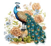 Xinpinzhou Kit Punto de Cruz con Hilos y Tela Impresa, Cuadros en Cross Stitch Embroidery Bordar Punto de Cruz Kit Bordado Completo Esquemas para Principiantes Patrones Contado Pavo Real y Flores