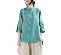 xinrishe Top De Lino Y Algodón Retro De Estilo Chino Para Mujer Camisa Holgada De Talla Grande Blusa Hanfu Tradicional Con Bordado Exquisito (Color : Green, Size : M)