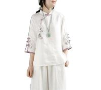 xinrishe Top De Lino Y Algodón Retro De Estilo Chino Para Mujer Camisa Holgada De Talla Grande Blusa Hanfu Tradicional Con Bordado Exquisito (Color : White, Size : 3XL)