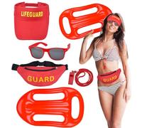 xinrongda 5 Piezas Kit Accesorios Socorrista, Gorro Ajustable Rojo/Silbato/Gafas de Sol/Nadador Hinchable/RiñOnera, Disfraz de Socorrista para Fiesta de Mujeres Hombres