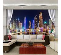 XINRUYI Papel pintado autoadhesivo 3D con vista nocturna de la ciudad desde la ventana, pegatina decorativa para la pared del dormitorio y la sala de estar