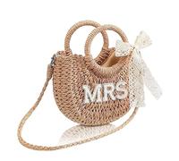 Xinsheinelry Bolso de hombro de paja para novia, despedida de soltera, playa con diseño tejido, lazo de encaje, accesorios para fotos, bolsa de accesorios para recepción de boda