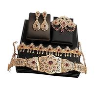 Xinsheinelry Conjunto de joyería nupcial marroquí Color chapado en oro para vestido de novia que incluye aretes con broche de cinturón en estilos árabes Accesorio de boda nupcial del Cáucaso
