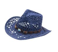 Xinsheinelry Sombrero de paja de ala ancha con cinturón étnico para mujeres y niñas, viajes, eventos al aire libre, estilo Panamá, tejido hueco, azul marino, Talla única