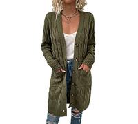 Xinwcang Cárdigan Largo para Mujer, Suéter de Punto Frente Abierto Jersey con Bolsillos, Abrigo de Manga Larga - Ejercito Verde,L