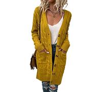 Xinwcang Cárdigan Largo para Mujer, Suéter de Punto Frente Abierto Jersey con Bolsillos, Abrigo de Manga Larga - Amarillo,XL