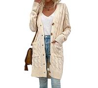 Xinwcang Cárdigan Largo para Mujer, Suéter de Punto Frente Abierto Jersey con Bolsillos, Abrigo de Manga Larga - Blanquecino,XL