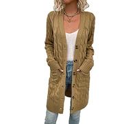Xinwcang Cárdigan Largo para Mujer, Suéter de Punto Frente Abierto Jersey con Bolsillos, Abrigo de Manga Larga - Caqui,M