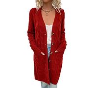 Xinwcang Cárdigan Largo para Mujer, Suéter de Punto Frente Abierto Jersey con Bolsillos, Abrigo de Manga Larga - Rojo Oxido,S