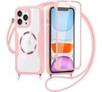 xinyunew Carga Inalámbrica Funda con Cuerda Compatible con iPhone 13,Ajustable Colgante Collar Correa de Cuello Cadena Cordón Case, 360 Grados Antigolpes Carcasa Capa Doble Case -Rosa