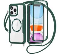 xinyunew Carga Inalámbrica Funda con Cuerda Compatible con iPhone 13,Ajustable Colgante Collar Correa de Cuello Cadena Cordón Case, 360 Grados Antigolpes Carcasa Capa Doble Case -Verde