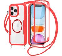 xinyunew Carga Inalámbrica Funda con Cuerda Compatible con iPhone 13,Ajustable Colgante Collar Correa de Cuello Cadena Cordón Case, 360 Grados Antigolpes Carcasa Capa Doble Case -Rojo