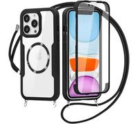 xinyunew Carga Inalámbrica Funda con Cuerda Compatible con iPhone 13,Ajustable Colgante Collar Correa de Cuello Cadena Cordón Case, 360 Grados Antigolpes Carcasa Capa Doble Case -Negro