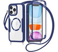 xinyunew Carga Inalámbrica Funda con Cuerda Compatible con iPhone 13,Ajustable Colgante Collar Correa de Cuello Cadena Cordón Case, 360 Grados Antigolpes Carcasa Capa Doble Case -Azul
