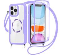 xinyunew Carga Inalámbrica Funda con Cuerda Compatible con iPhone 13,Ajustable Colgante Collar Correa de Cuello Cadena Cordón Case, 360 Grados Antigolpes Carcasa Capa Doble Case -Púrpura