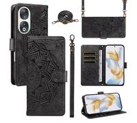 xinyunew Funda Cartera para Honor 90, Funda Libro de Cuero con Tarjetero, Cremallera, Correa Bandolera, Magnético, Soporte, Carcasa Antigolpes Elegante para Mujer,Negro