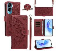 xinyunew Funda Cartera para Honor 90 Lite/Honor X50i 5G, Funda Libro de Cuero con Tarjetero, Cremallera, Correa Bandolera, Magnético, Soporte, Carcasa Antigolpes Elegante para Mujer,Rojo